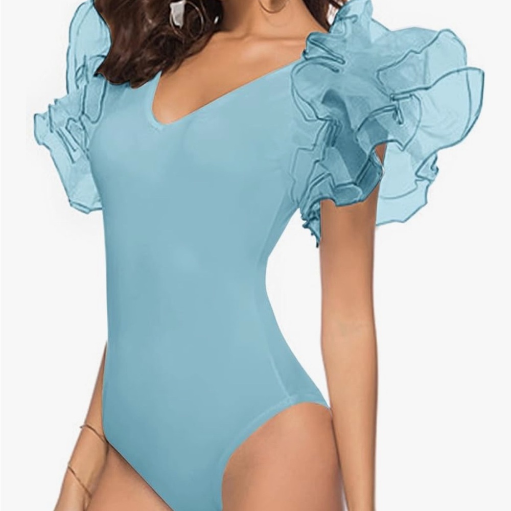 Elegant Blue Ruffle Sleeve Bodysuit